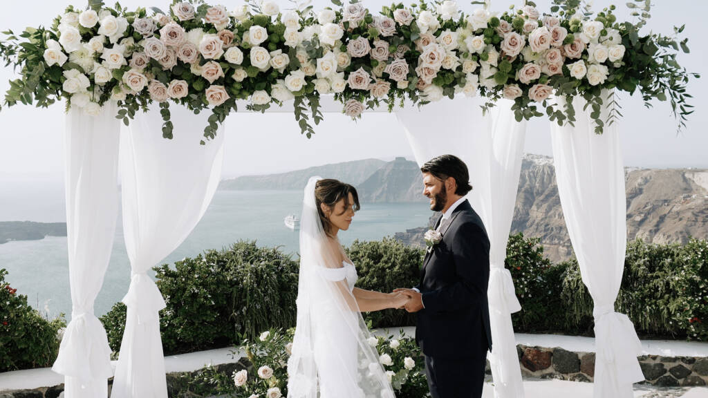 Frame from Erla and Gian’s wedding film at Venetsanos Winery Santorini