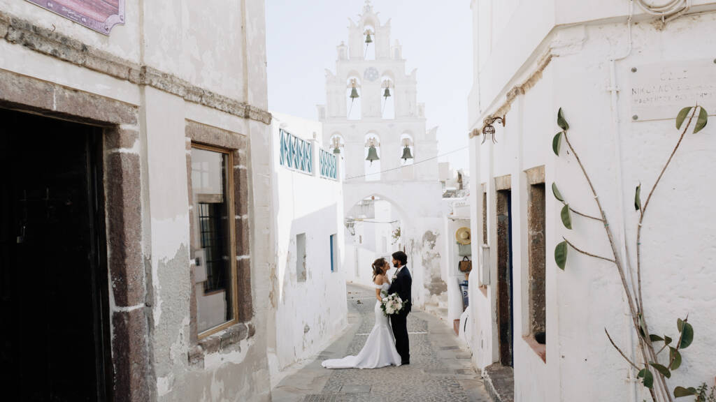 A moment from Erla and Gian’s Santorini wedding video